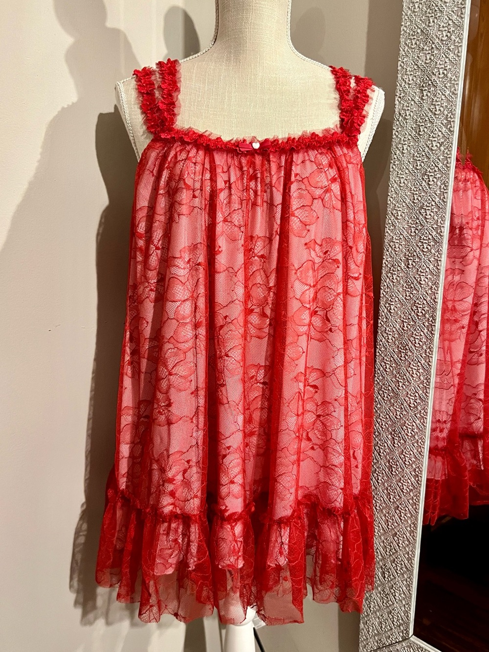 FREE PEOPLE Heartbreaker Mini Slip Dress Red Floral Lace Girly Ruffle Trim XS